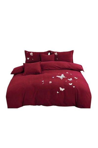 OEM Double Bed Linen with Elastic, 180x200 cm, Butterfly Print, Bordeaux
