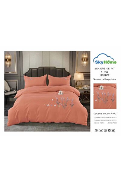 OEM Lenjerie brodata de pat dublu, Finet, Uni, 4 piese, 2 persoane, 245x250cm, Corai