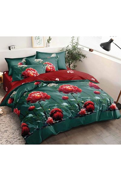 Pucioasa Lenjerie de pat dublu, Pucioasa, Finet, 6 piese, imprimeu Flori Rosii, 245x250cm, Verde-Rosu