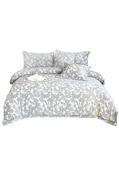 OEM Luxury Bedding Set, Cotton and Linen, 3D Leaves Pattern, 6 Pieces, 2 Persons, Light Gray