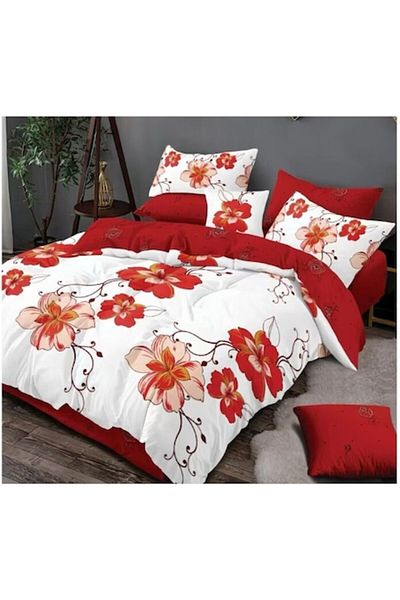 OEM Double Bed Linen, 6 Pieces, 2 Persons, 180x200 cm, Red Floral Print on White Background, Multicolor