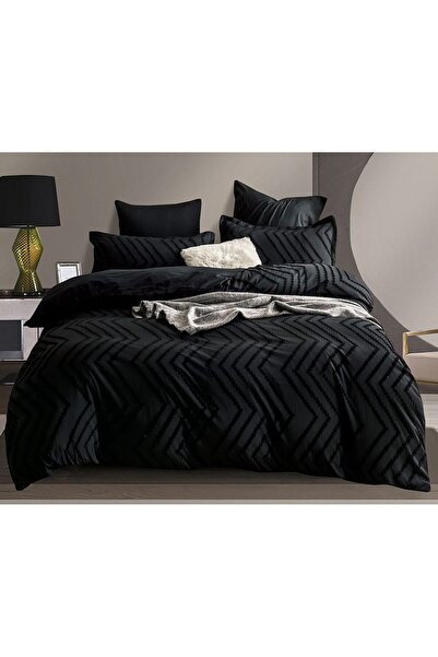 Pucioasa Double Bed Set, Velvet Jacquard Grofat Lux M1, Pucioasa, 6 Pieces, Black