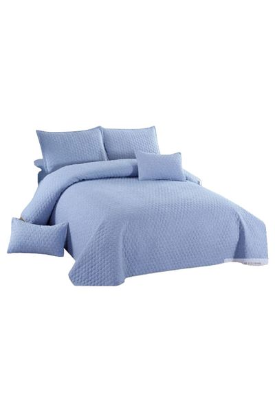 OEM Set pătură și 4 fețe de pernă, bumbac și in, 5 piese, uni, 220x240cm, albastru