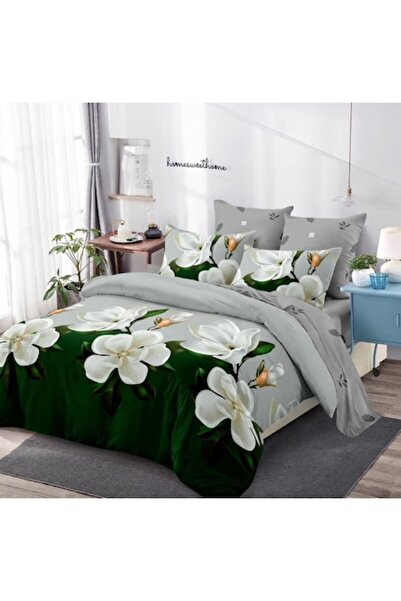 OEM Set lenjerie de pat, Finet, 6 piese, 2 persoane, Imprimeu floral alb, 230...