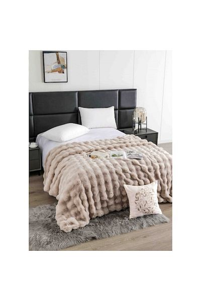 JOJO HOME Lux Blanket, Faux Rabbit Fur, Zipper, 200x230cm, Uni, Beige