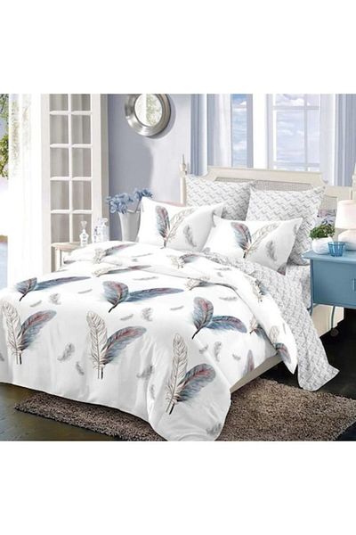 OEM Bed Linen Set, Elastic Sheets, Finet, 6 Pieces, 2 People, Feathers, 180x200cm, Multicolor
