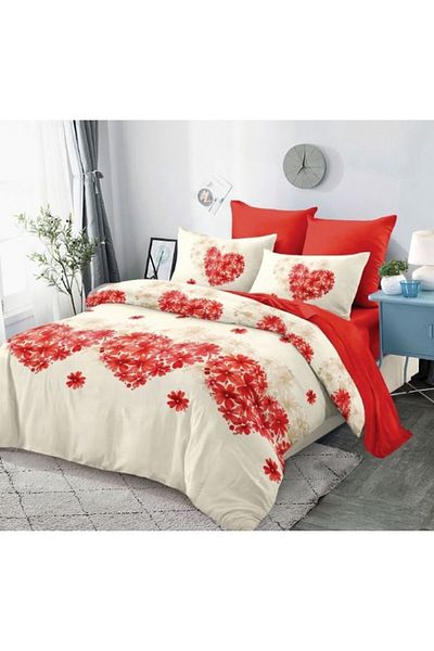 OEM Bed Linen, Fine, 4 Pieces, Single, 160x200cm, Floral Heart Print, Multicolor
