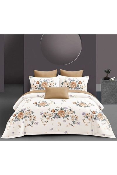 OEM Lenjerie de Pat, Bumbac Satinat, 4 piese, 2 persoane, Imprimeu Trandafiri, 180x200cm, Bej Nuante