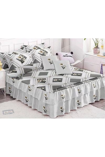 Pucioasa Double Bed Set with Ruffled Sheet, Pucioasa, Finet, 6 Pieces, Geometric Prints, 200x230cm