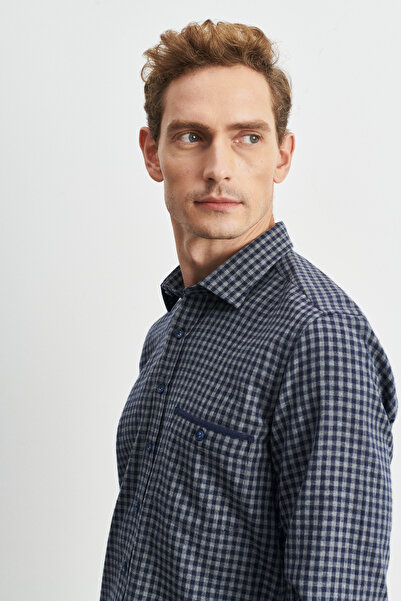 AC&Co / Altınyıldız Classics Ανδρικό ναυτικό μπλε-γκρι μπλουζάκι με κουμπιά-επάνω γιακά Gingham Flannel Ξυλοκόπος