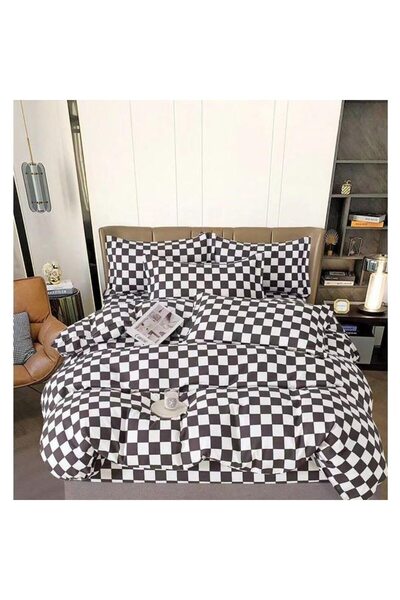 OEM Double bed linen, plaid print, 2 persons, 240x250cm, white-black, finet