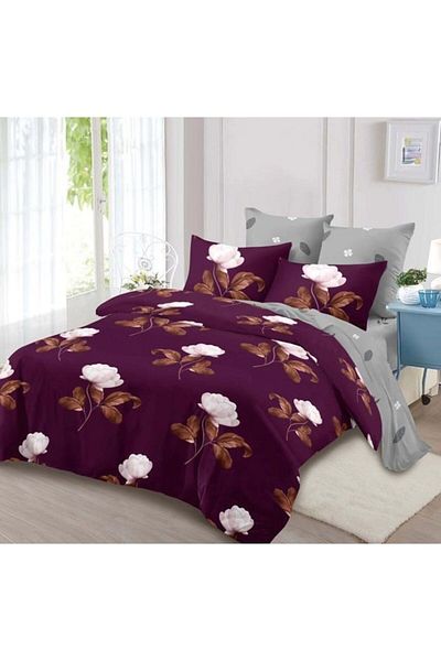 OEM Lenjerie de pat, Cearceaf cu Elastic, Finet, 6 piese, 2 persoane, Trandafiri Albi, 180x200cm, Multic