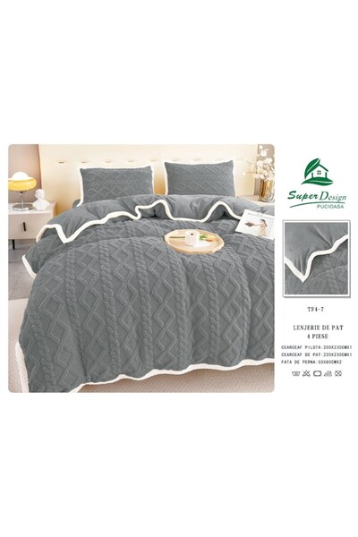 OEM Lenjerie de pat, 4 piese, 2 persoane, 220x230 cm, gri inchis