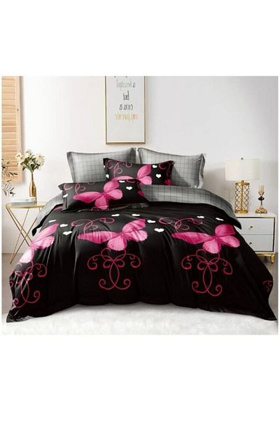 OEM Lenjerie de pat dublu, 6 piese, 2 persoane, 180x200 cm, imprimeu fluturi roz, multicolor