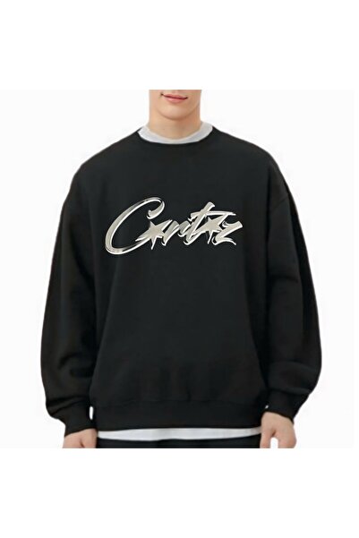 Elvino Hanorac negru cu 3 fire, unisex, oversize, cu decolteu, imprimat Crtz