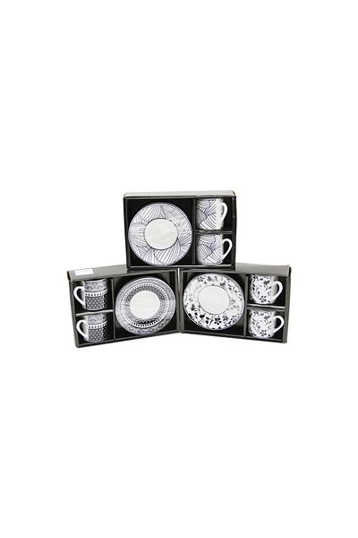 Moon Black - White 4Pcs=2-Set Porcelain Coffee Cup Flower - Line - Dot Mix Pattern (5235)