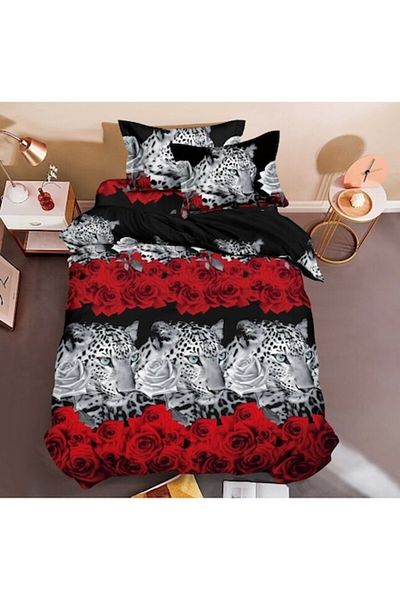OEM Lenjerie de pat, Finet, Imprimeu 3D Multiplicat, 4 piese, 1 persoana, 155x200cm, Tigru, Multicolor