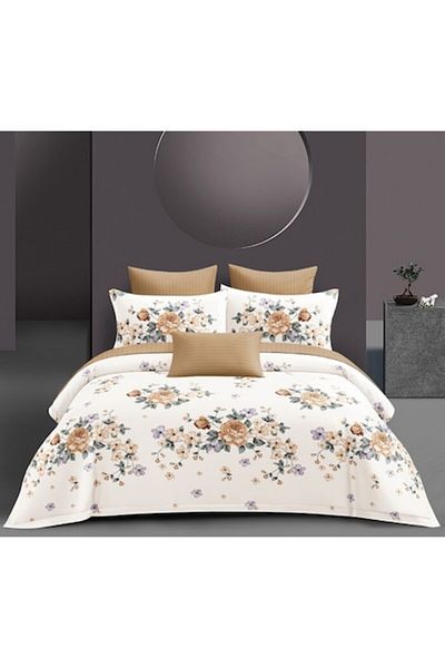 OEM Lenjerie de Pat, Bumbac Satinat, 4 piese, 2 persoane, Imprimeu Trandafiri, 180x200cm, Bej Nuante