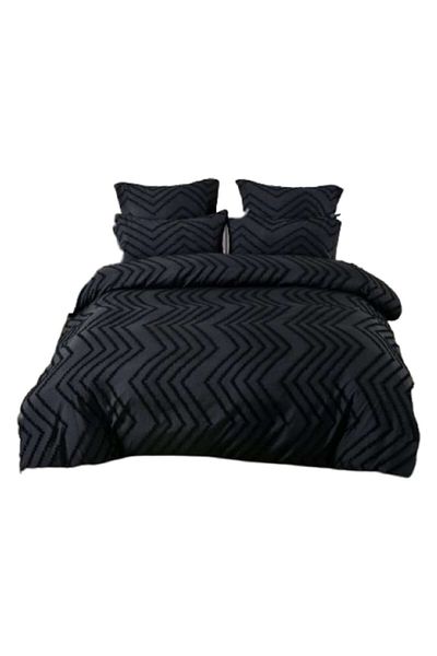 OEM Set de lenjerie de pat dublă, catifea cu relief, 6 piese, negru