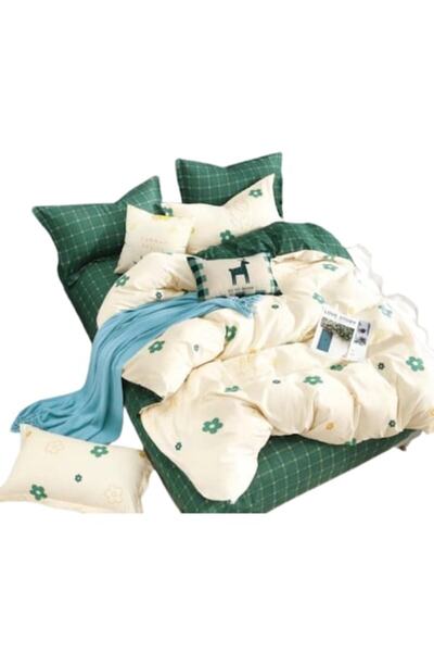 OEM Lenjerie de pat, 6 piese, 2 persoane, 230x250cm, Finet, imprimeu Flori si Carouri, Multicolor