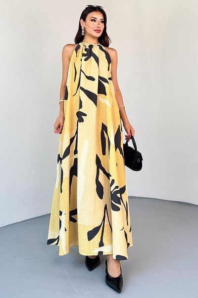 Cappmoda ELB-4150 Φόρεμα με κίτρινο φυσικό μοτίβο με βούρτσα με χαμηλό λαιμό