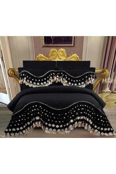 JOJO HOME Luxury Quilted Bedspread with Embroidered Ruffles, Jojo Home, 3 Pieces, 2 Persons, 220x280cm, Black