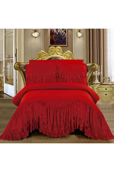 JOJO HOME Set cuvertura cu volane si 2 fete de perna, pentru pat dublu, rosu, 220x280 cm