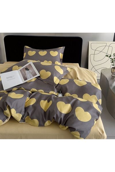 OEM Set de lenjerie de pat, model inimă, 4 piese, individual, 155x220cm, satin fin, galben-gri