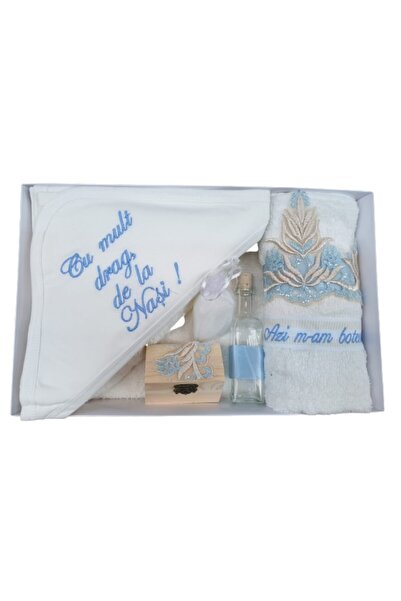 OEM Trusou pentru botez, 'Cu mult drag de la Nasi',7 piese, Bleu cu dantela aurie