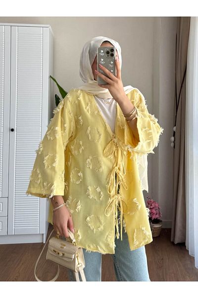 RFK Butik Women's Tasseled Front Tie Linen Kimono Yellow