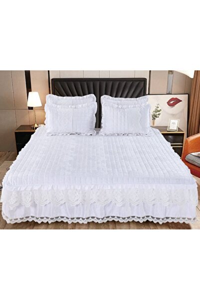 OEM Cuvertura si 2 fete de perna, Catifea Lux si Volanase, Uni, 3 piese, 2 persoane, 180x200cm, Alb