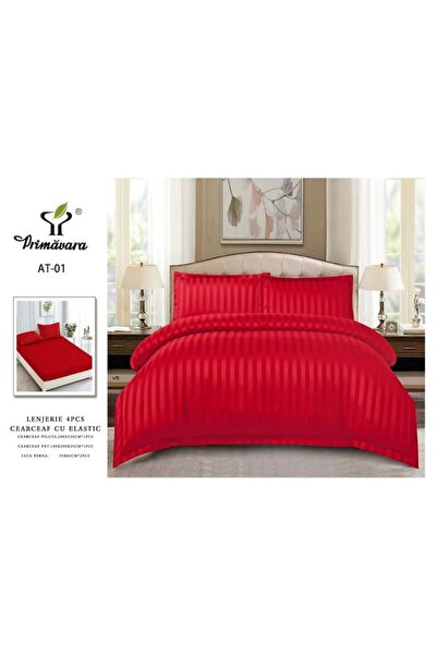 OEM Lenjerie de pat dublu, Primavara, Damasc, cearsaf cu elastic, 4 piese, 2 persoane, Uni, 180x200cm, R