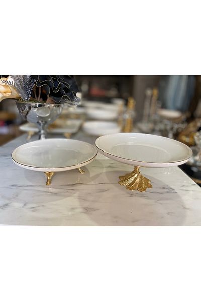 Sillage Home Set of 2 Gold Gilded Porcelain Pit Serving Plates, Presentation Set -26 cm