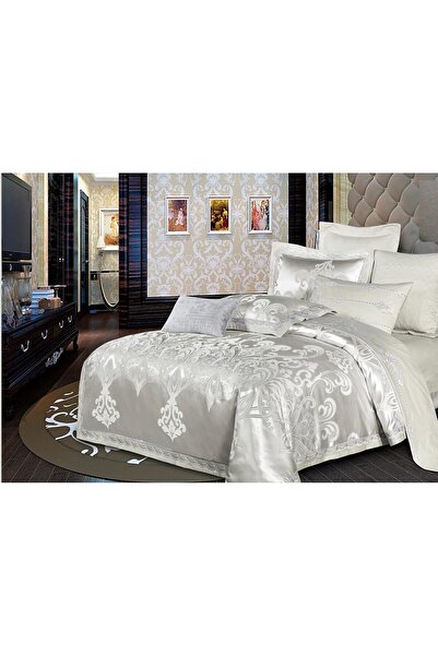 OEM Lenjerie pat dublu 2 fete de perna 6 piese Jacquard, 2 persoane, 240x250cm, gri deschis