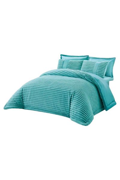 JOJO HOME Set de lenjerie de pat dublă, Jojo Home, catifea-blană artificială de iepure, uni, 6 piese, turcoaz, 180x200cm