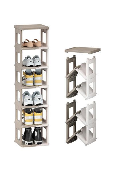 Lawazim Collapsible 7-Tier Shoe Rack - Milky White & Brown Space-Saving Folda...