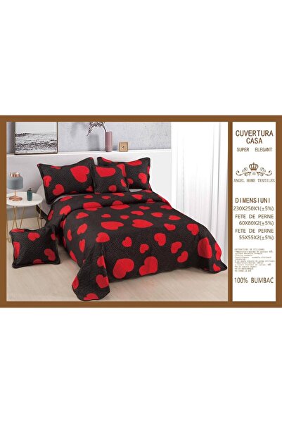 OEM Quilted duvet cover and 4 pillowcases, cotton, 5 pieces, 2 pers, red hearts, 230x250cm, black