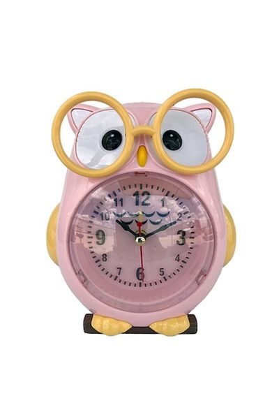 OEM Plastic table clock in owl shape with glasses, pink, 11x14 cm