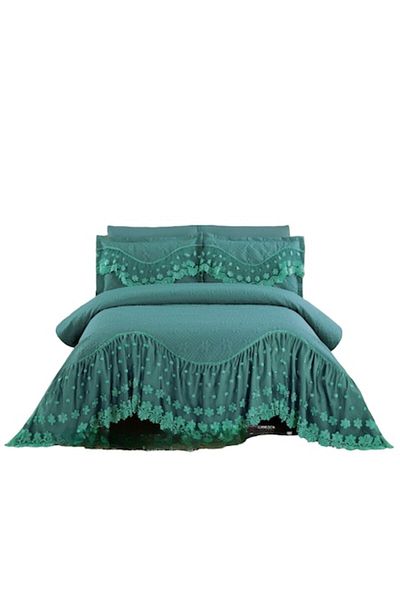 JOJO HOME Cuvertura si 2 fete de perna, cu Volanase Brodate, 2 persoane, 3 piese, 220X280cm, Verde turcoaz