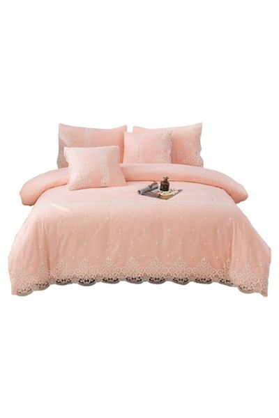 OEM Elegant Bedding Set, Fine Cotton Lace, 6 Pieces, Double Bed, 180x200cm, Bicolor White-Salmon