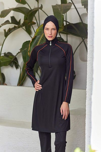 Birgül Bektaş Black Hijab Swimsuit Set with Piping Detail