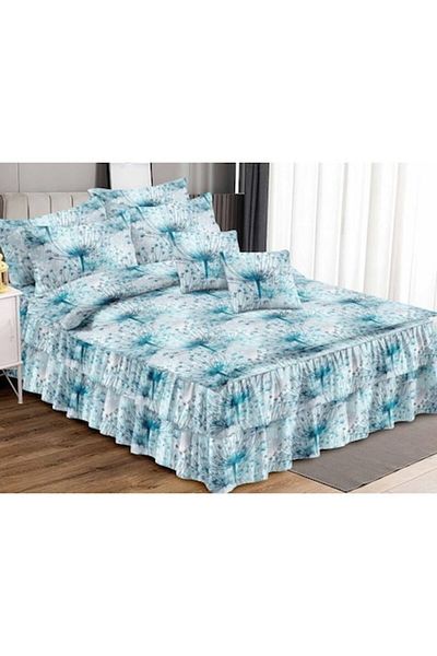 Pucioasa Double Bed Linen, Fringed Sheet, Pucioasa, Finet, 6 Pieces, 2 Persons, Dandelion Turquoise Print, 20