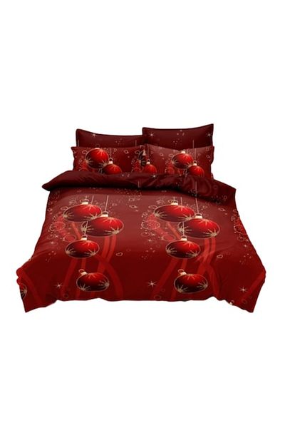 Pucioasa Double Bedding Set, Pucioasa, Finet, 6 Pieces, Christmas - Globuri Pattern, 230x250cm, Red