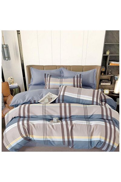 OEM Double Bed Sheet Set with Elastic, 6 Pieces, 2 People, 240x250cm, Superior Finet, Checkered Pattern,