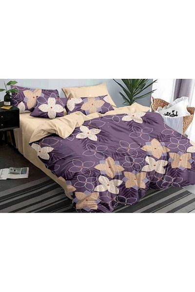 Pucioasa Set Lenjerie de Pat Dublu, Pucioasa, Finet, 6 Piese, Imprimeu Floral, 245x250cm, Bej-Mov