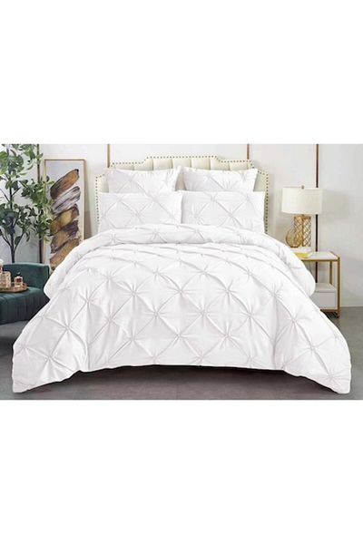 OEM Set de lenjerie de pat dublă, Sonia-Home, Uni, Model cu broderie plisată, 6 piese, Finet, 220x240cm, Alb