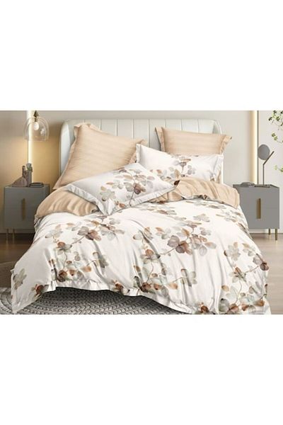 OEM Double Bed Set, Finet, 6 Pieces, 2 People, Floral Print, 250x230cm, White-Beige