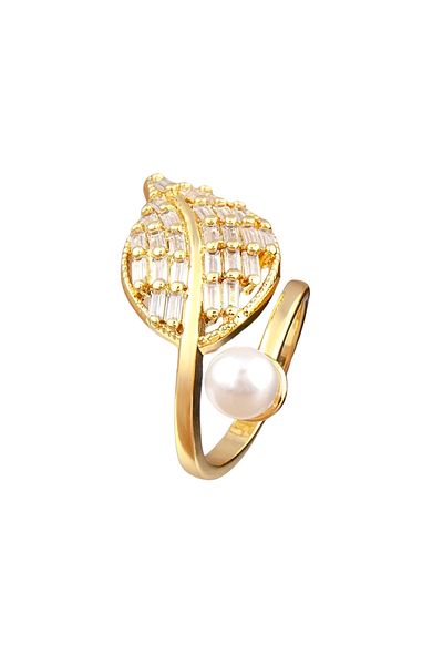 Eva Grace Denisse ring, gold, leaf-shaped, with pearl and zirconia, adjustable - Boheme Collection