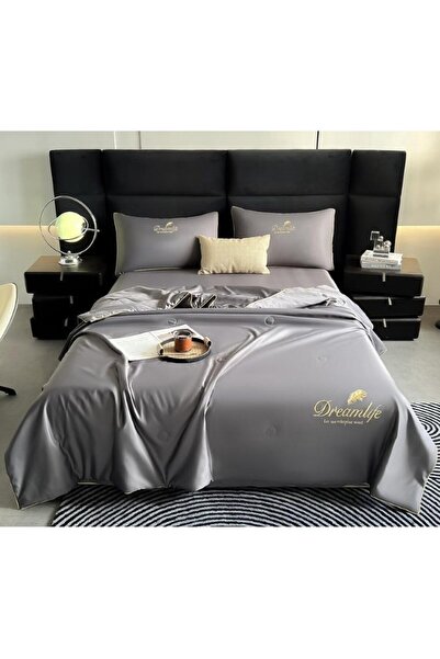 OEM Double Bed Linen Set with Summer Quilt, Uni, 4 Pieces, 2 People, 240x245cm, Silk, Dark Gray