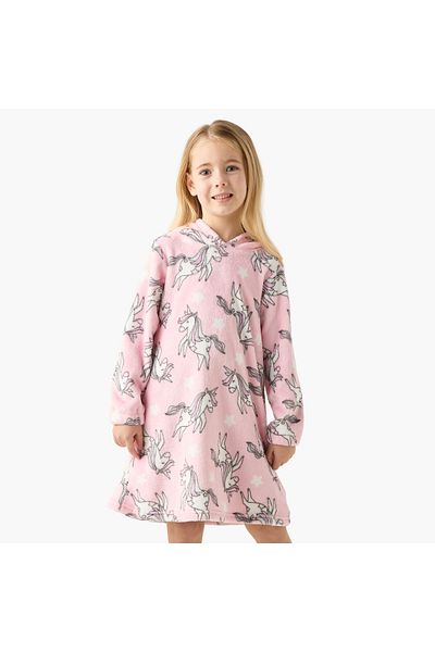 Juniors All-Over Unicorn Print Hooded Night Dress with Long Sleeves